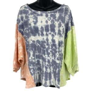 Free People Block Tie Dye Dolman Top Womens Medium Blue Green Quarter Sleeve
